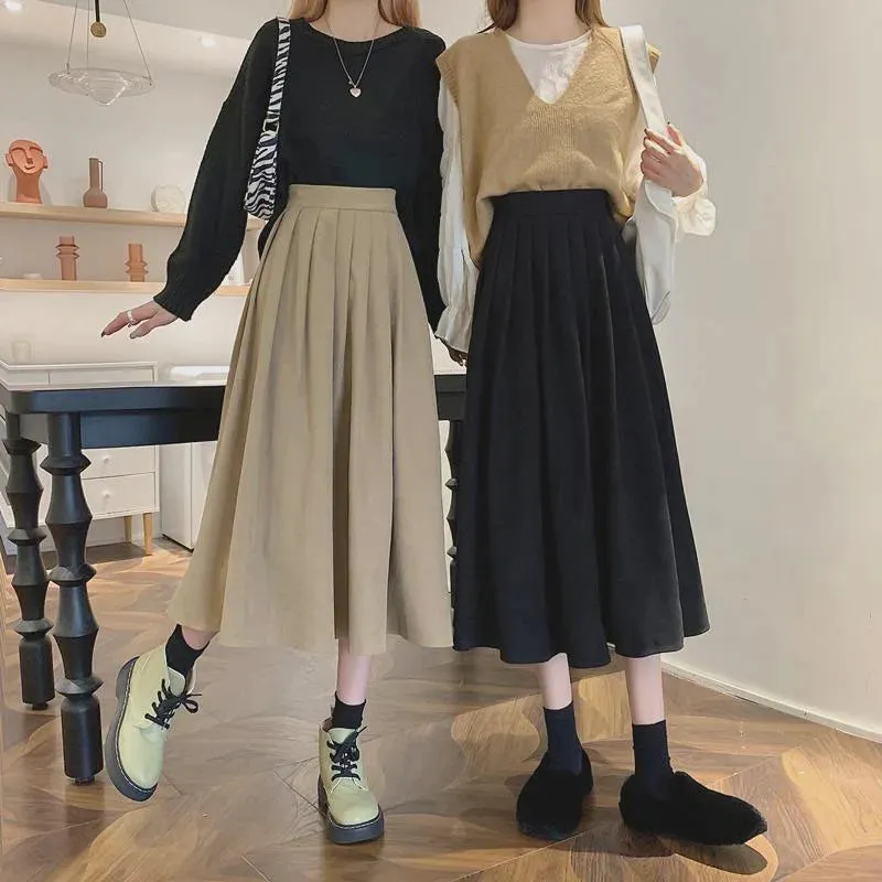 Xpqbb Korean Style Women's Midi Skirt 2022 Autumn High-Waisted Corduroy Long Skirt Women College Style Pleated A-Line Skirts