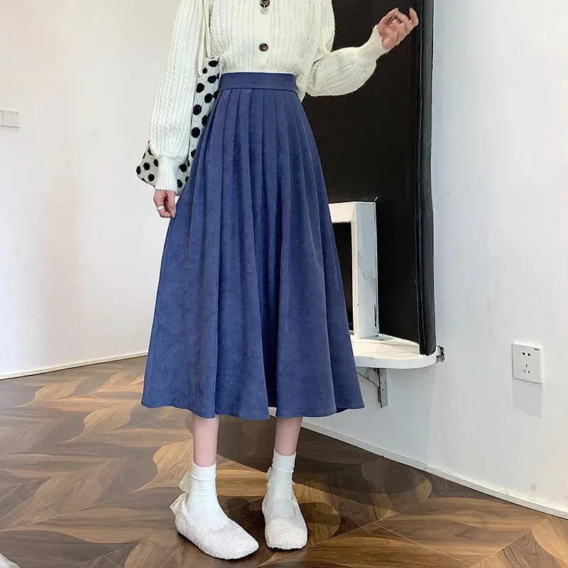 Xpqbb Korean Style Women's Midi Skirt 2022 Autumn High-Waisted Corduroy Long Skirt Women College Style Pleated A-Line Skirts