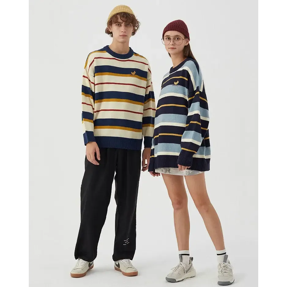 Y2K Striped Knit Sweater with Croissant Embroidery