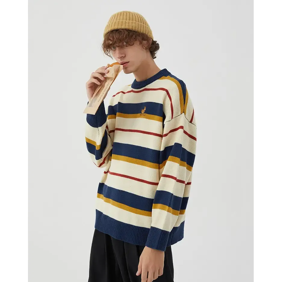 Y2K Striped Knit Sweater with Croissant Embroidery