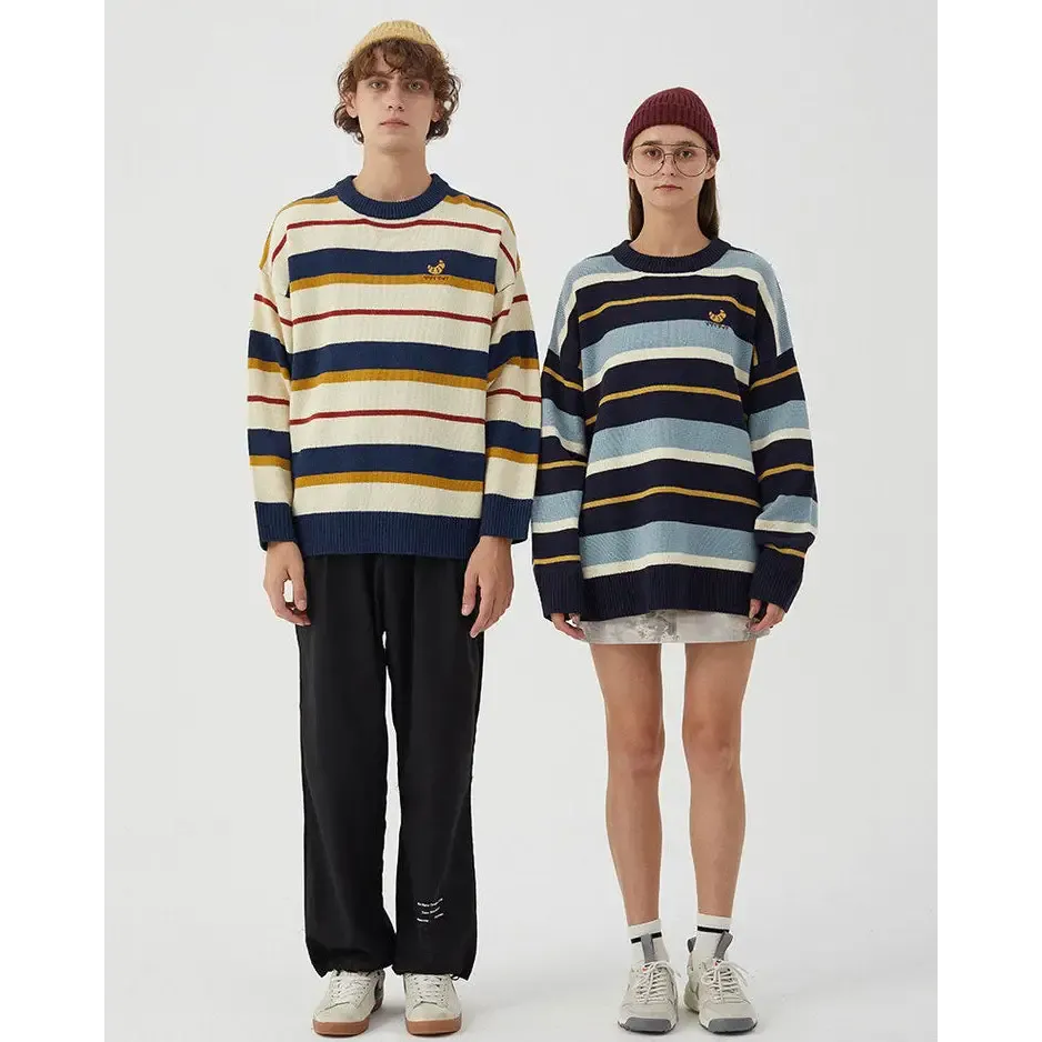 Y2K Striped Knit Sweater with Croissant Embroidery