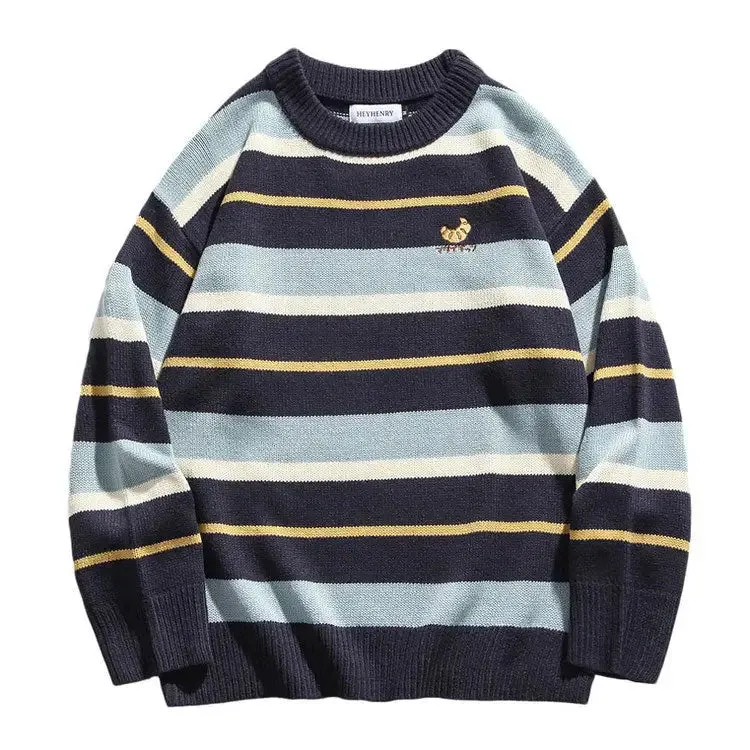 Y2K Striped Knit Sweater with Croissant Embroidery