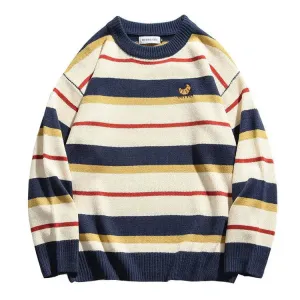 Y2K Striped Knit Sweater with Croissant Embroidery