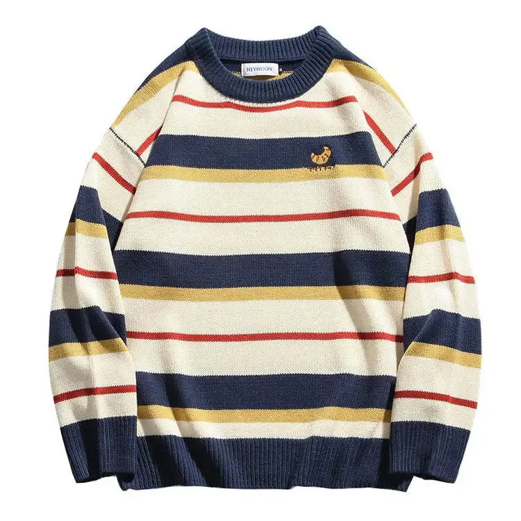Y2K Striped Knit Sweater with Croissant Embroidery