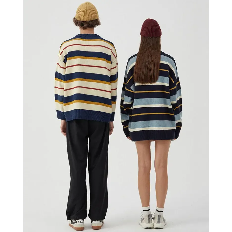 Y2K Striped Knit Sweater with Croissant Embroidery