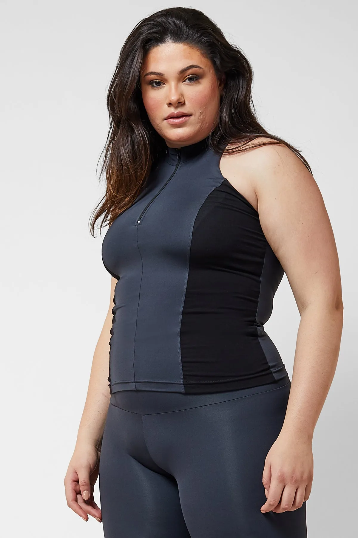 Zip Front Polo Top Black/Grey
